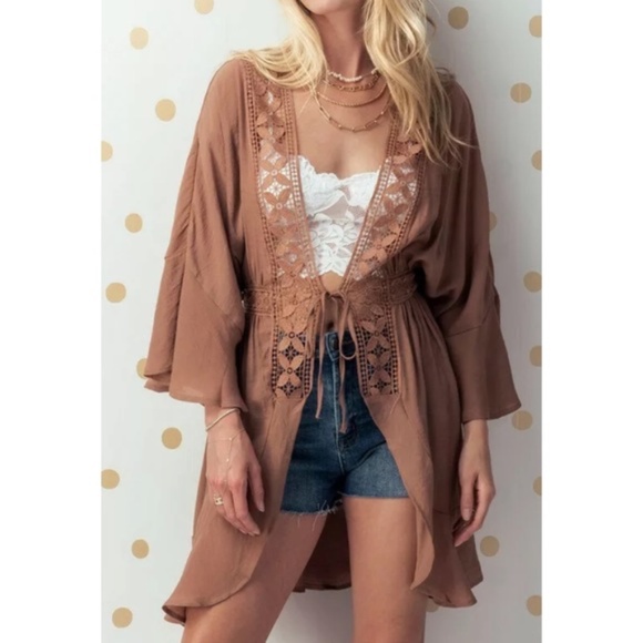 CLEARANCE Mocha Boho Crochet Ruffle Bell Sleeve Cardigan - Picture 1 of 4